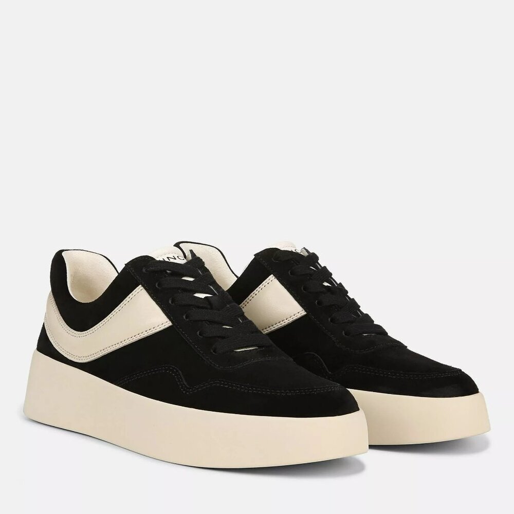 Vince Warren Court Leather Two-Tone Black and Cream Sneakers Size 6.5